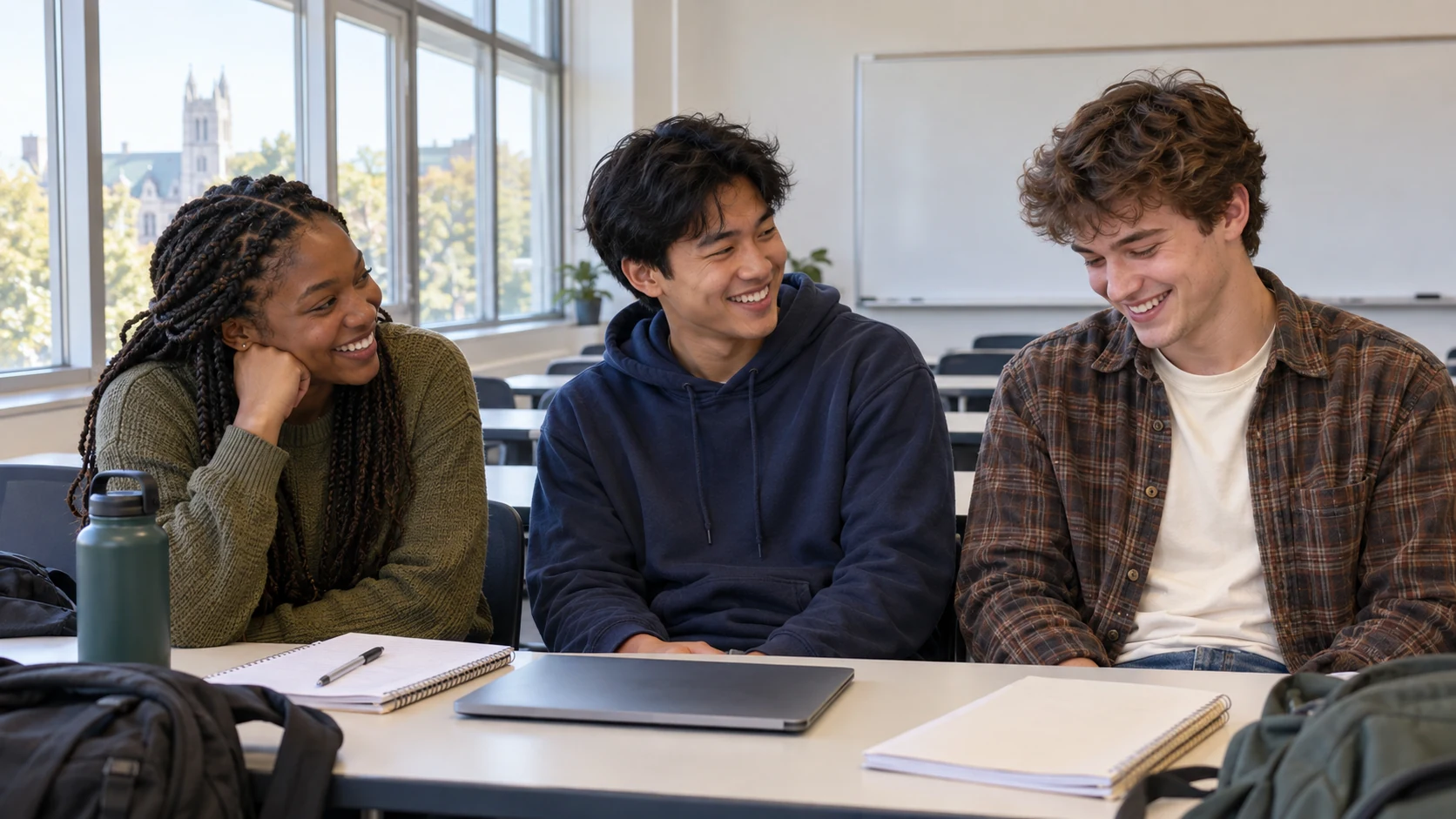Three students smiling together in a classroom social-practice scene for SocialBridge Coach